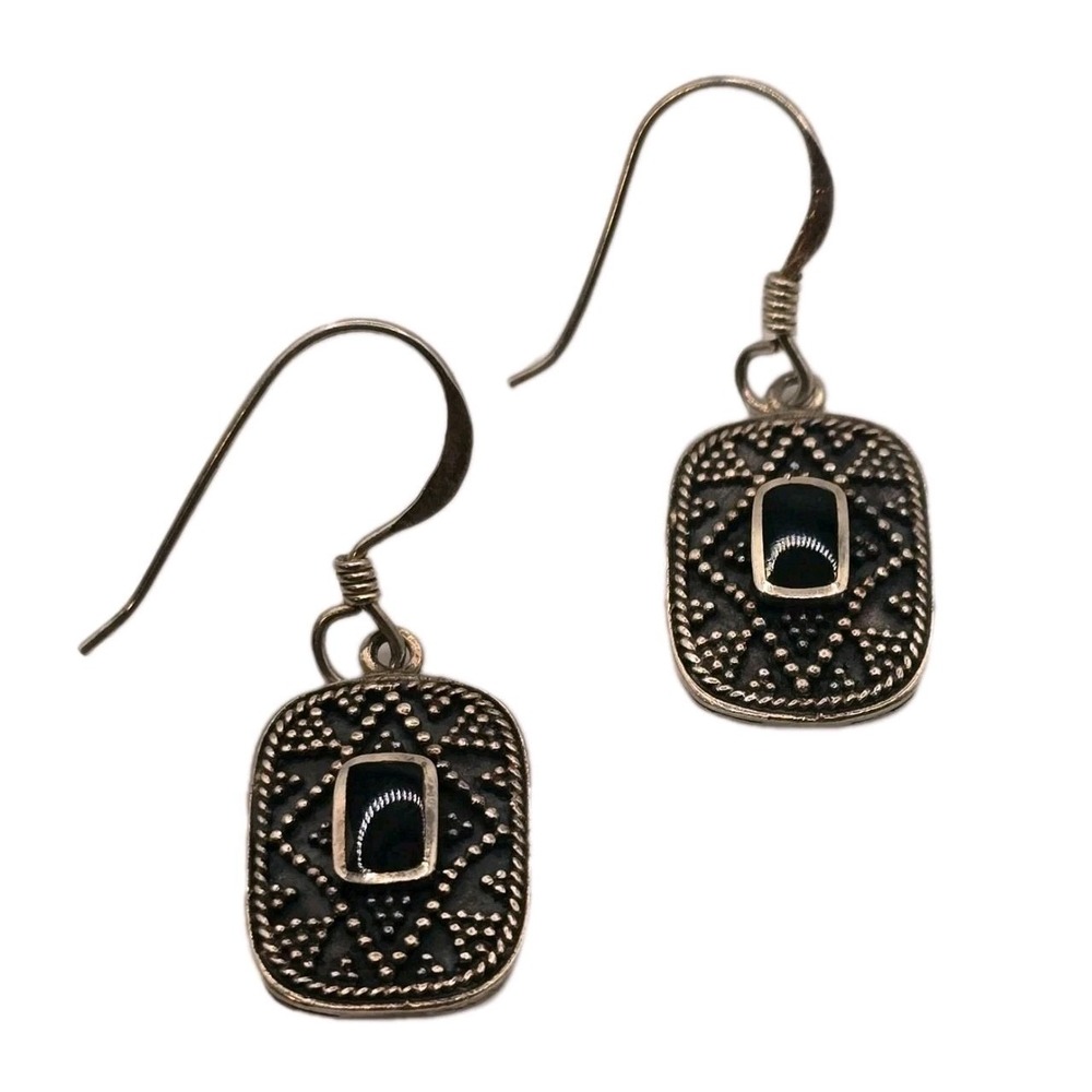925 Sterling Silver Black Onyx Dangle Earrings Vintage Boho Etched Rectangle